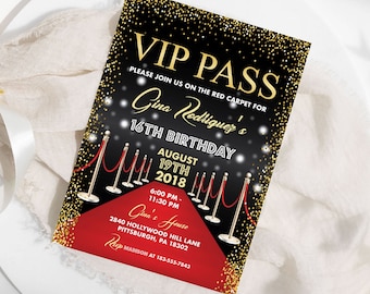 編集可能な VIP パス誕生日招待状 ハリウッド誕生日招待状 レッドカーペット スイート 16 招待状 ハリウッド パーティー キンセアネーラ テンプレート