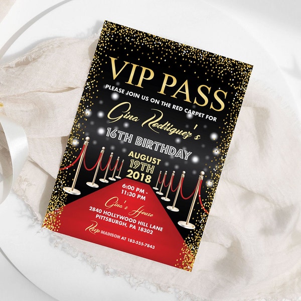 BEWERKBARE VIP Pass verjaardagsuitnodiging Hollywood verjaardag uitnodigen Red Carpet Sweet 16 uitnodiging Hollywood Party Quinceanera sjabloon