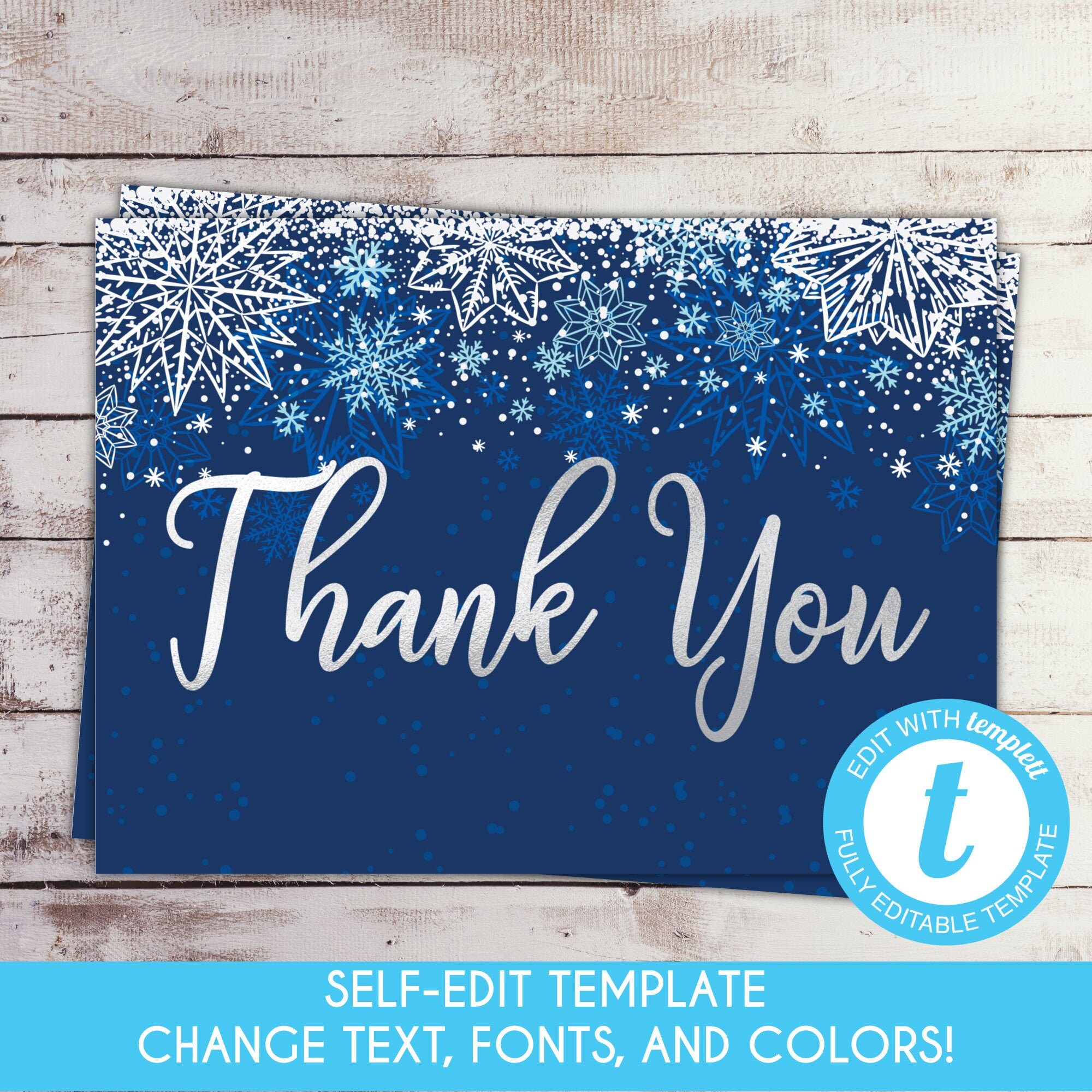 EDITABLE Elegant Winter Thank You Card Blue Snowflake Thank - Etsy España