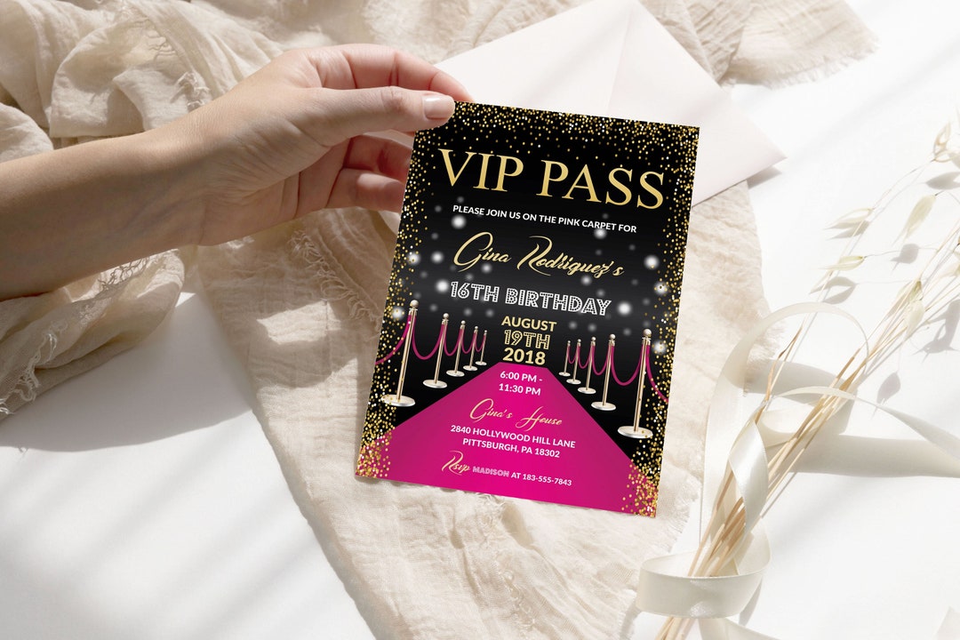 VIP Pass Invitation: Pink Hollywood Birthday Sweet 16 (editable ...