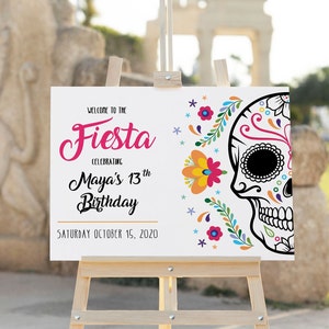 Editable Mexican Skull Fiesta Birthday Welcome Sign 24x36 Dia de los Muertos Fiesta Welcome Sign Poster Day of the Dead Party Sign Template