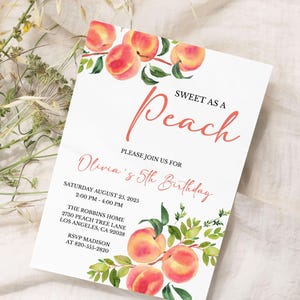 Editable Peach Birthday Invitation Sweet as a Peach 1st Birthday Invite Summer Floral Girl 2nd 3rd Birthday Invite Template