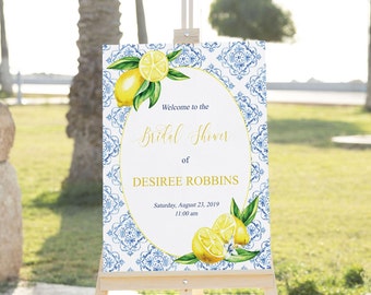 EDITABLE Lemon Bridal Shower Welcome Sign 24x36 Lemon Welcome Sign Wedding Shower Blue Tile Positano Tuscan Lemon Bridal Decor SIgn Template