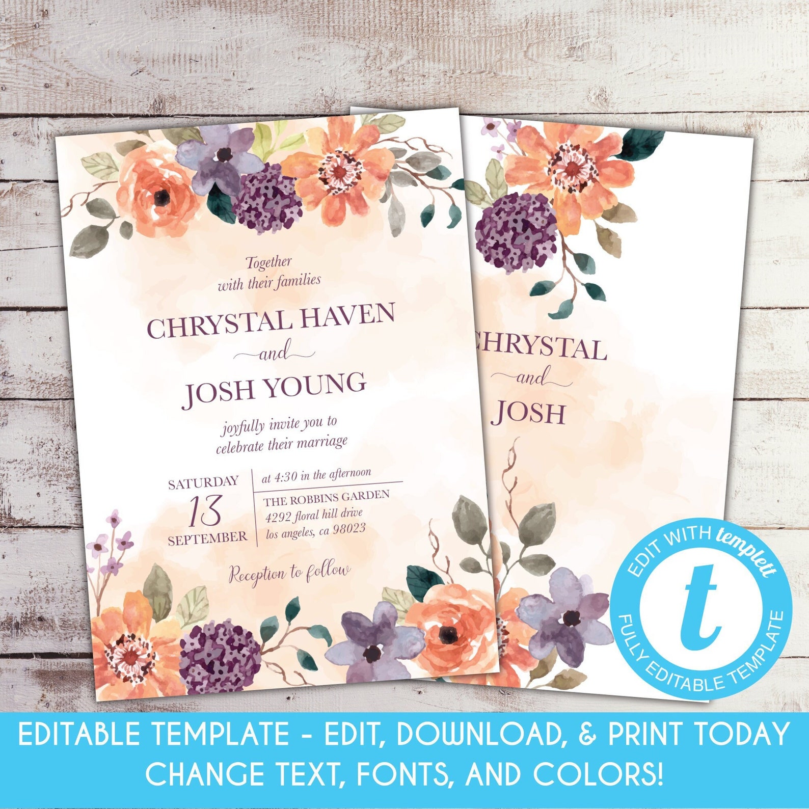 EDITABLE Fall Floral Wedding Invitation Autumn Floral Wedding Etsy