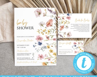 Set di inviti per baby shower con fiori di campo (modello modificabile)