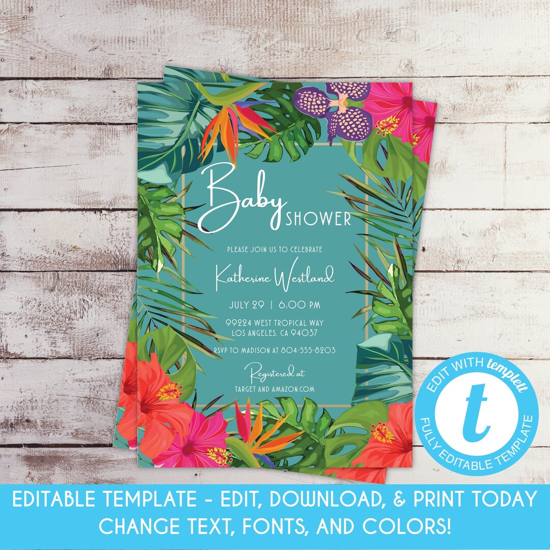 EDITABLE Floral Tropical Baby Shower Invitation Summer Baby Shower Invite Hawaiian Luau Baby