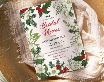 EDITABLE Floral Christmas Bridal Shower Invitation Winter Bridal Shower Invite Greenery Christmas Wedding Shower Invitation Floral Template