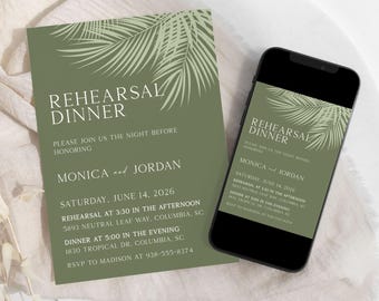 Sage Green Tropical Palm Leaf Wedding Invitation (Editable Template)