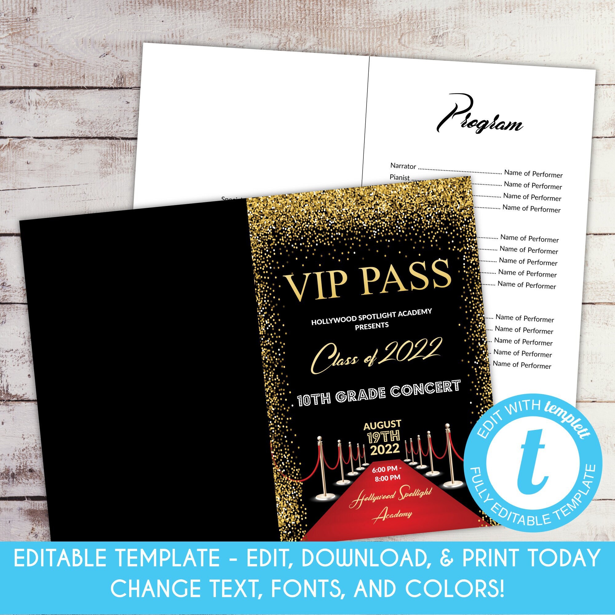 Editable VIP Pass Program Hollywood School Event Program Red Carpet Music Recital Program Hollywood Party Program Quinceanera Template