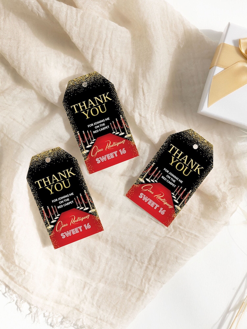 Hollywood Birthday Party Favor Tag: Red Carpet Sweet 16 (Editable Template) image 1