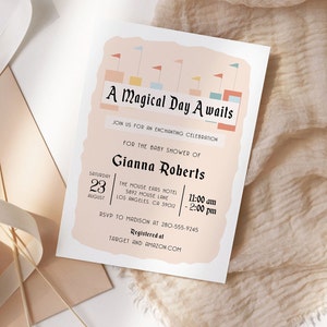 Editable Vintage Theme Park Baby Shower Invitation Pink Retro Theme Park Baby Shower Invite Magic Park Baby Shower Invitation Template