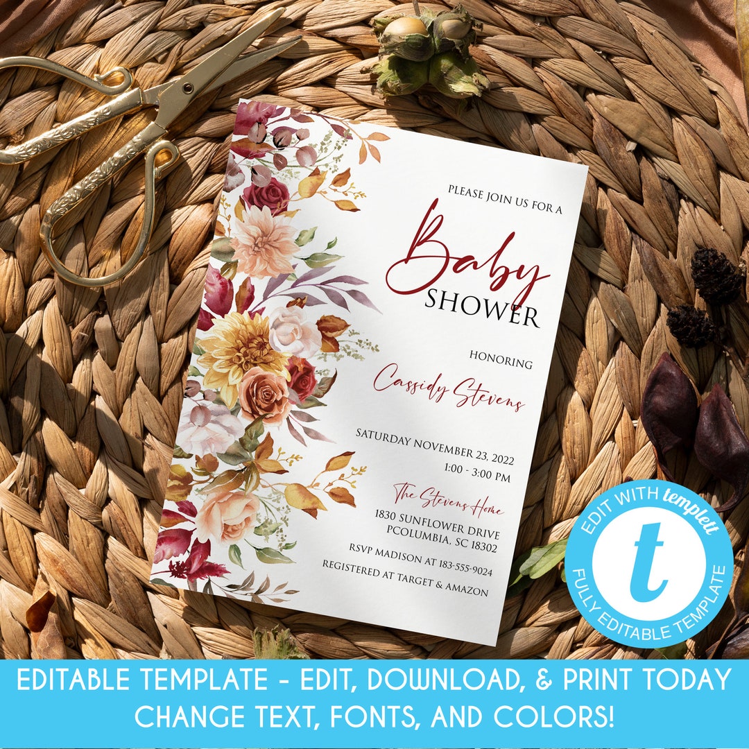 Editable Fall Floral Baby Shower Invitation Fall Floral Baby Invitation Autumn Baby Shower ...