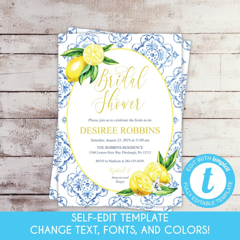 EDITABLE Printable Lemon Bridal Shower Invitation Blue Tile | Etsy