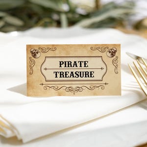 Pirate Birthday Place Card: Tented Party Food Table Decor Treasure Pirate Skull (Editable Template)
