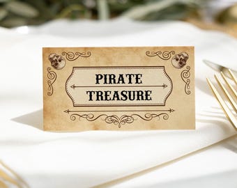 Pirate Birthday Place Card: Tented Party Food Table Decor Treasure Pirate Skull (Editable Template)