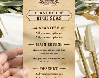 Editable Pirate Dinner Menu Template: Adventure Theme Party (4x9)