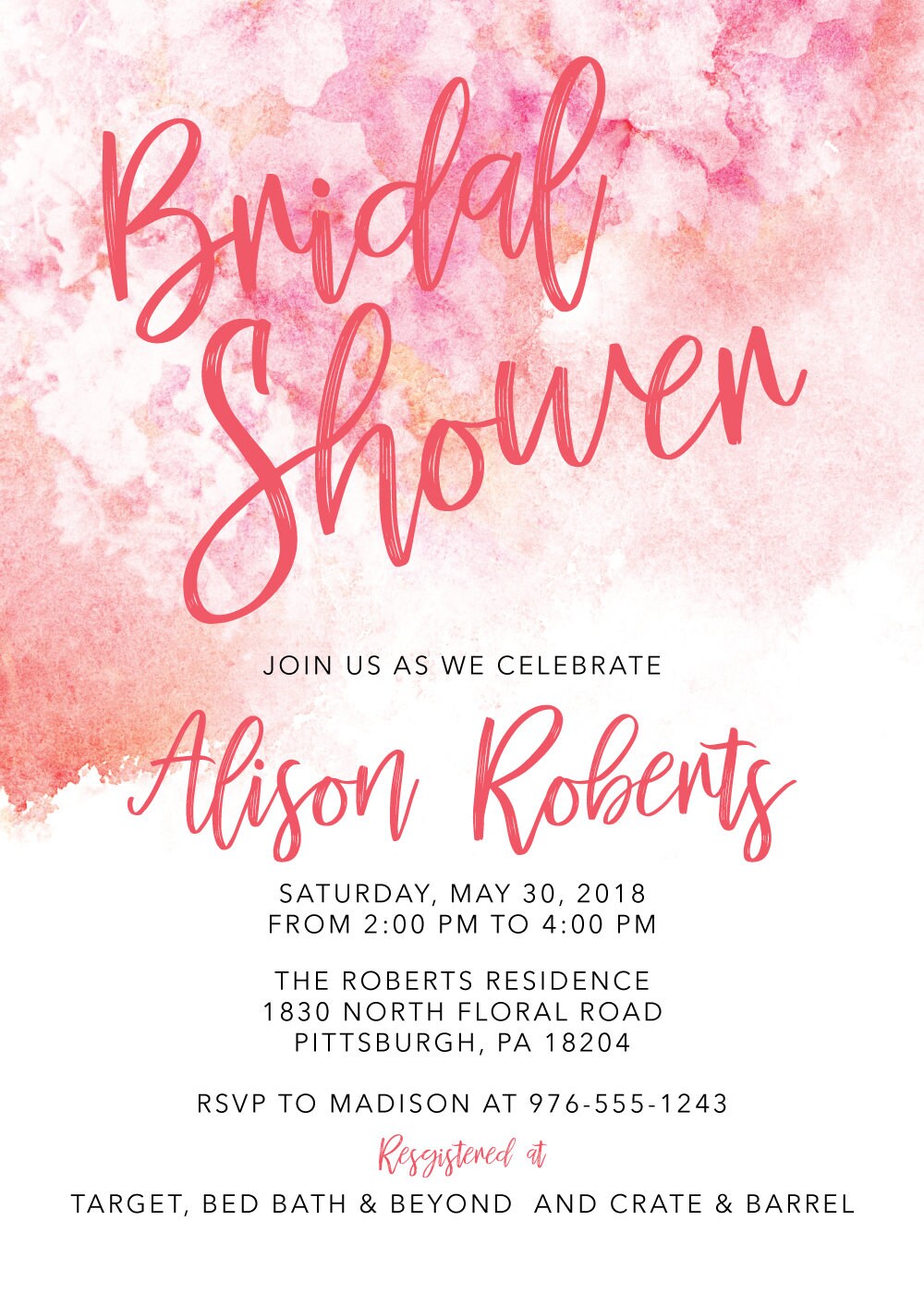 Pink Floral Bridal Shower Invitation Pink Watercolor | Etsy