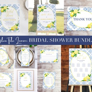 Editable Lemon Bridal Shower Invitation Bundle Main Squeeze Invite Mediterranean Blue Lemon Wedding Shower Invite Citrus Bridal Template