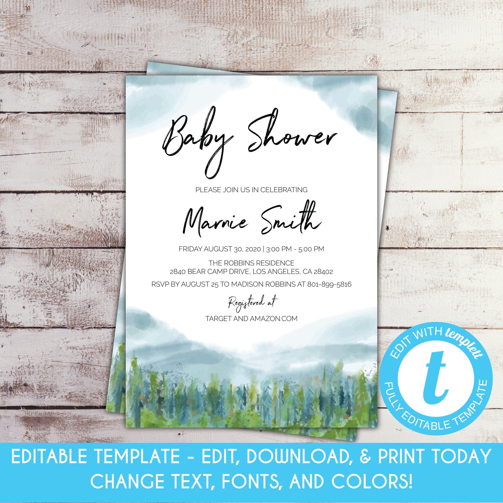 EDITABLE Printable Mountains Baby Shower Invitation Woods Etsy