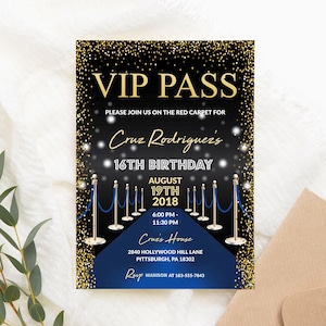 Bearbeitbare Hollywood VIP Pass Einladung: Blauer Teppich Geburtstagsvorlage
