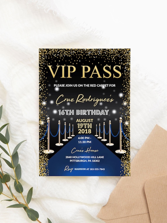 Editable Printable Vip Pass Birthday Invitation Hollywood
