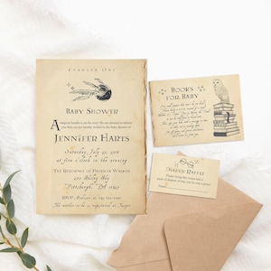 May include: A vintage-style baby shower invitation with a Harry Potter theme. The invitation features a golden snitch, a book stack, and an owl. The text reads "Chapter One", "Baby Shower", "Jennifer Harts", "Saturday July 21, 2018", "at five o'clock in the evening", "The Residence of Patricia Walker", "235 Weasley Way", "Pittsburgh, Pa 15220", "RSVP: Madison at 392-333-3999", "The mother-to-be is registered at Target", "Books for Baby", "One must expect that a man is to be found", "Please bring a book (new or used) to be", "donated to the "Books for Baby" shelf", "Mother to be's diaper pail is in need", "There are baby books and a passage on", "the way to a baby's heart", "For all you love and reading adventures", "For little ones and proud parents", "and we know it's from you."