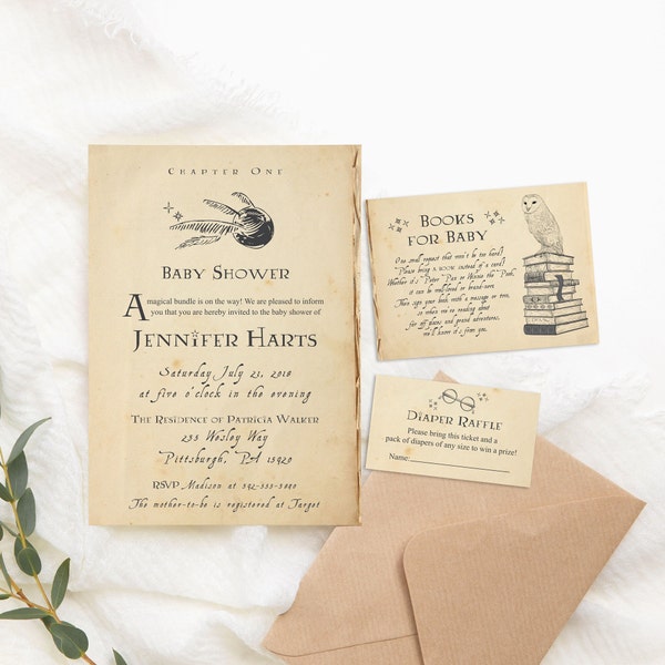 Invitaciones para baby shower de la Escuela de Magia Mágica: Libro de cuentos (Plantilla editable)