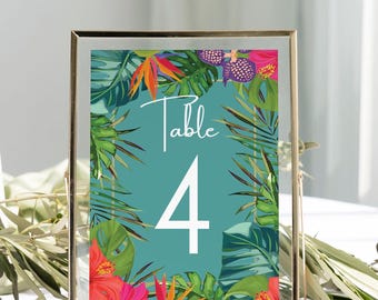 Teal Tropical Table Number Card: Floral Party Decor (Editable Template)
