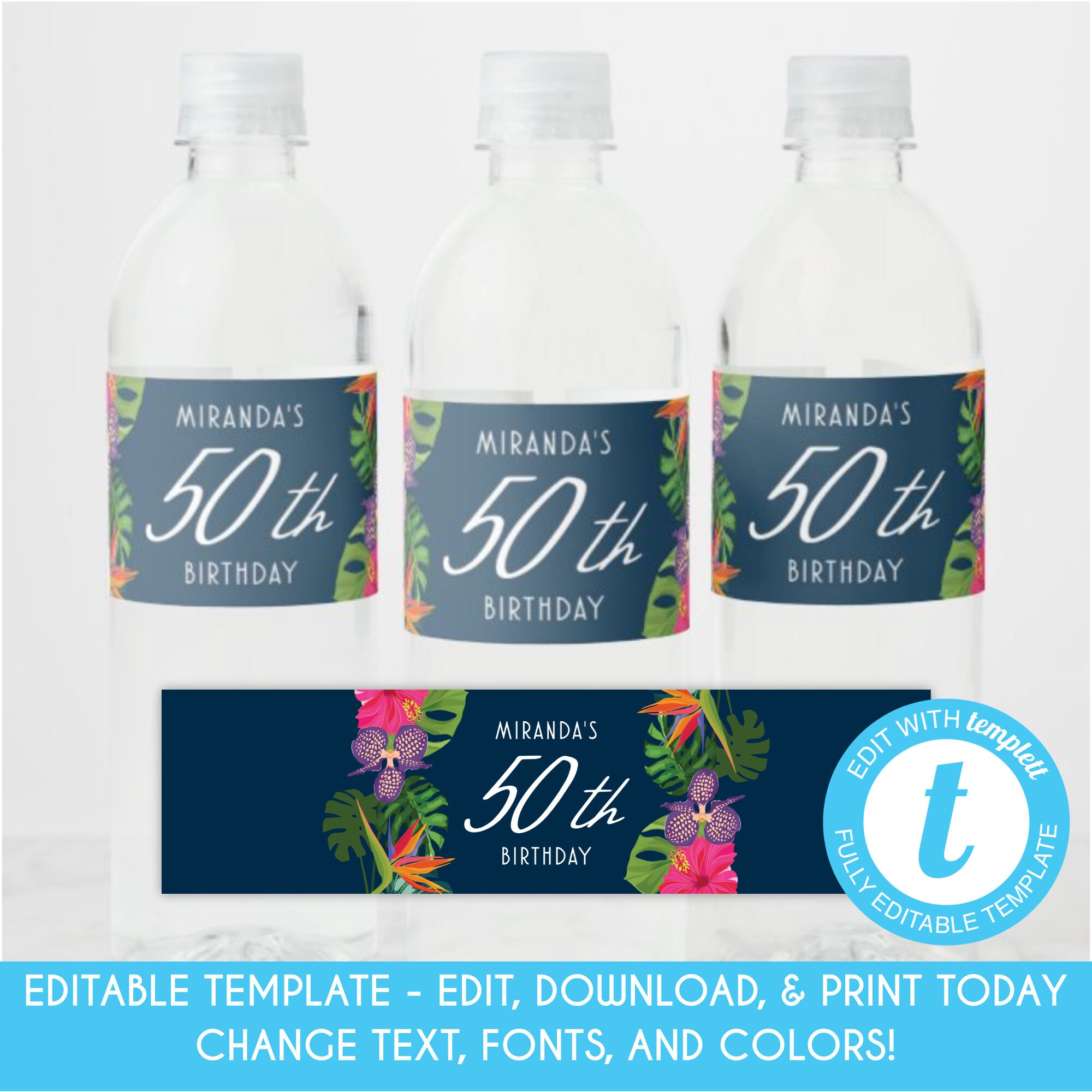 EDITABLE Navy Floral Tropical Water Bottle Labels Adult Birthday Water Bottle Labels Hawaiian Luau Tropical Retirement Party