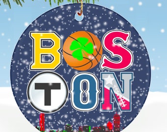 BOSTON SPORTS Fan Christmas ORNAMENT 3” Round Ceramic Decoration Tree Mantle Office Wicked Pissa Bawston Mass Pride A Him Her Gift Idea