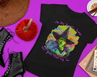 WICKED WITCH Of The West Black Purple TShirt I'll Get You My Pretty & Your Little Dog Too OZ Art for Collectors Halloween Unisex Youth Sizes