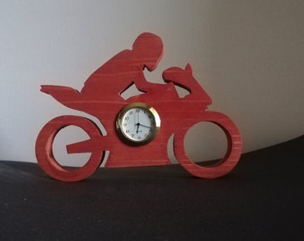 Wooden CHERRY motorcycle biker figure table clock
