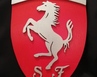 Wooden Handmade Red-silver Ferrari Logo Wall Art, Wall Sign