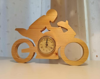 BIG wooden motorcycle biker figure table clock