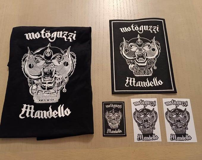 Featured listing image: Original Bundle Hardcore Moto Guzzi MANDELLO T-SHIRT, big and small patch, stickers as gift