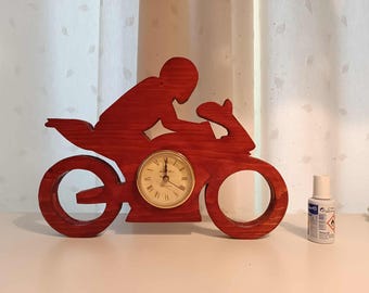BIG wooden CHERRY motorcycle biker figure table clock
