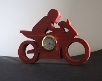 Wooden CHERRY motorcycle biker figure table clock