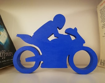 Wooden BLUE motorcycle rider figure