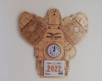 Moto Guzzi Engine 100 years handmade wooden wall clock and calendar