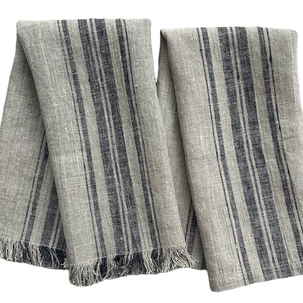 Dk. Gray and Natural Striped Farmhouse Linen Dish Towel, Dish Towel Set, Luxury Linen Dish Towel, French Linen Dish Towel