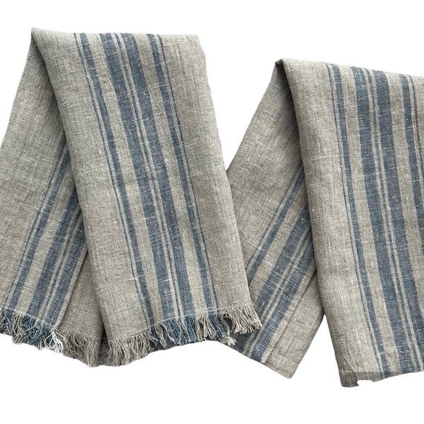 Light Denim Blue and Natural Farmhouse Linen Dish Towel, Striped Linen Dish Towel, Natural Linen Dish Towel