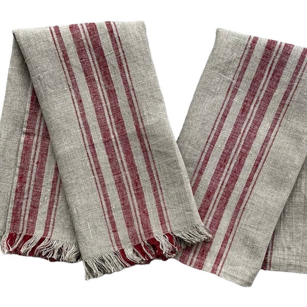 Dark Red and Natural Farmhouse Linen Dish Towel, Striped Linen Dish Towel, Natural Linen Dish Towel