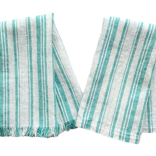 Turquoise Striped Linen Kitchen Towel, Guest Hand Towel, Soft Linen Towel, Linen Kitchen Gift Towel