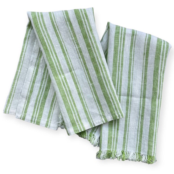 Lime Green and White Linen Dish Towel, Linen Hand Towel, Rustic Linen Towel