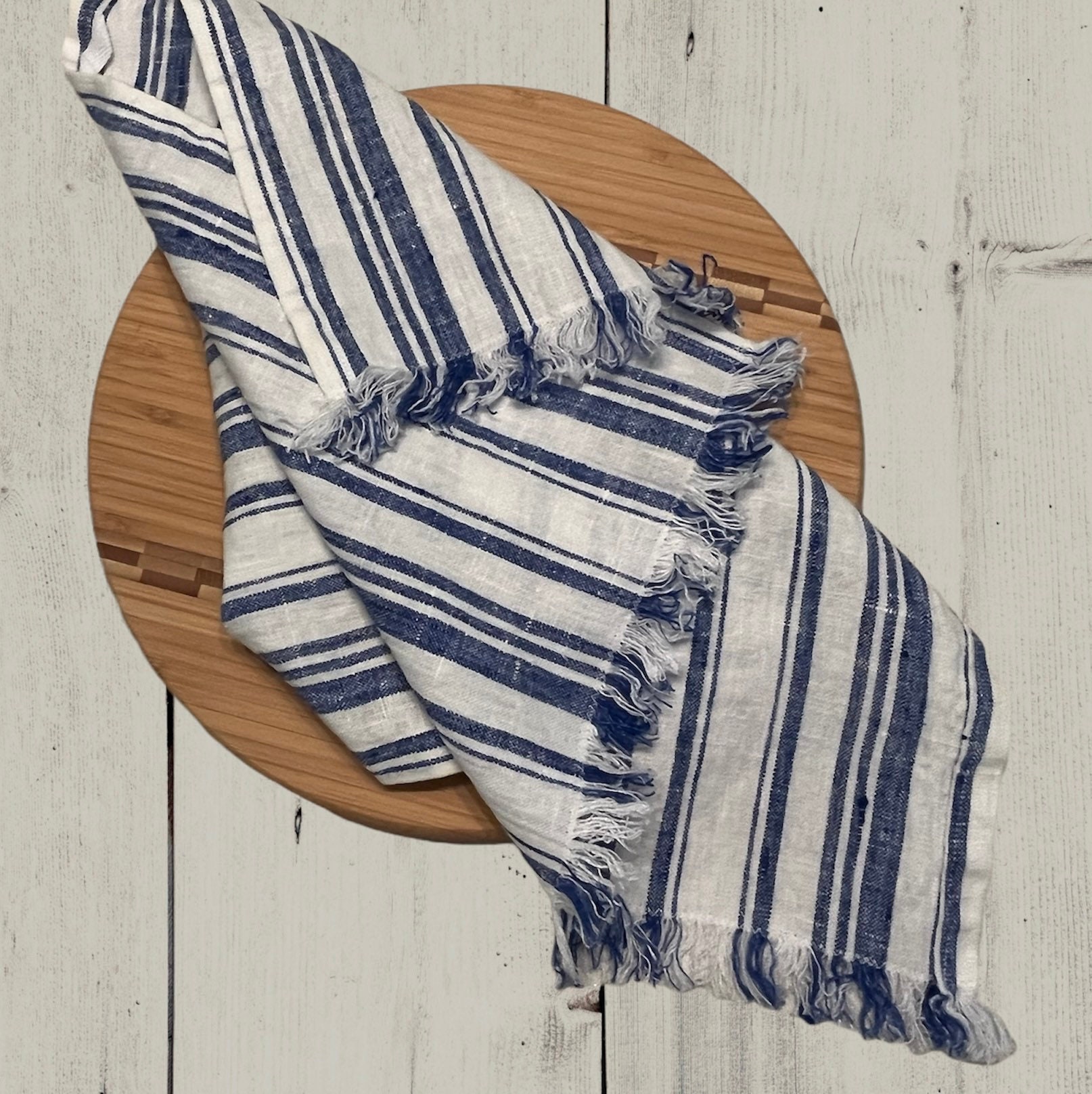 Blue and White Striped Linen Dish Towel - Larger Cross