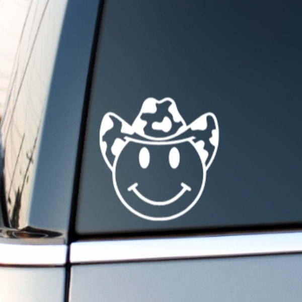 Smiley Face Cowboy Hat Vinyl Decal, Car Window Decal, Smile, Cowboy, Cowprint, Laptop Decal, Tumbler Decal, Emoji, Happy Face