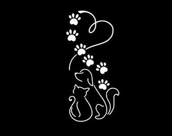 Cat and Dog Decal, Heart Decal, Paw Prints Vinyl Decal, Animal Lover, Laptop Decal, Car Decal