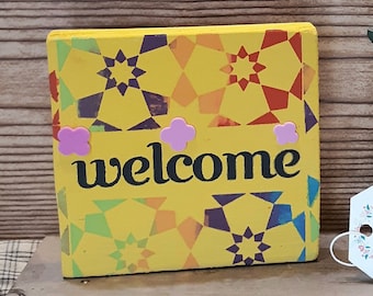 Rainbow Multi Color Welcome Wood Shelf Sitter