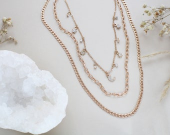 The Selene - Crystal Set Link Chain Choker, Crystal Moon & Stars Layered Set, Gold Link Chain Necklace