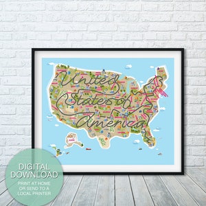 Decoração de quarto infantil, arte de parede para impressão, presente exclusivo, pôster de mapa dos EUA, arte de parede de mapa dos EUA, pôster de sala de aula, decoração de dormitório, download digital